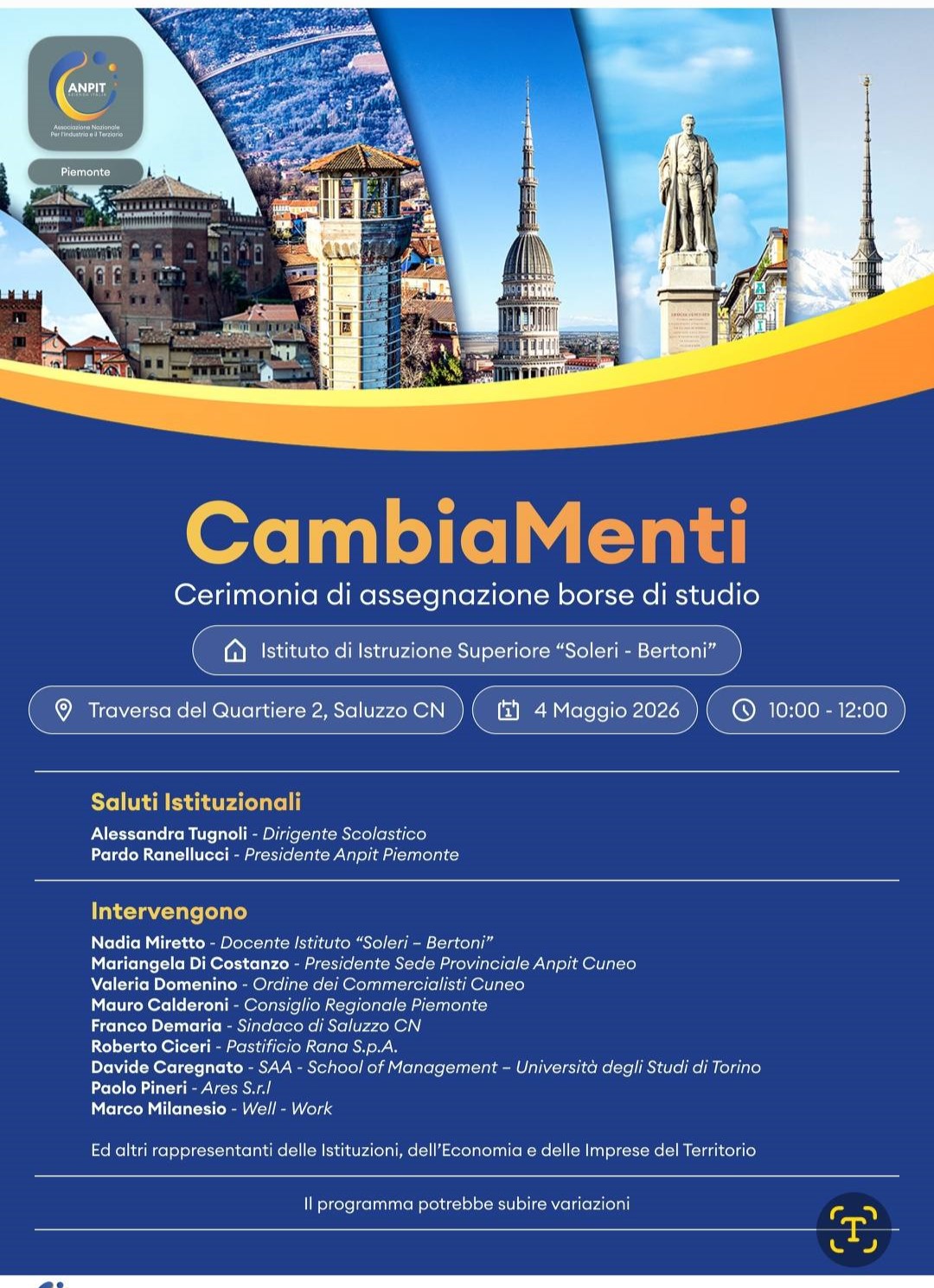 Premiazione del concorso “Cambiamenti” di ANPIT Piemonte: protagoniste due studentesse del Liceo delle Scienze Umane di Saluzzo